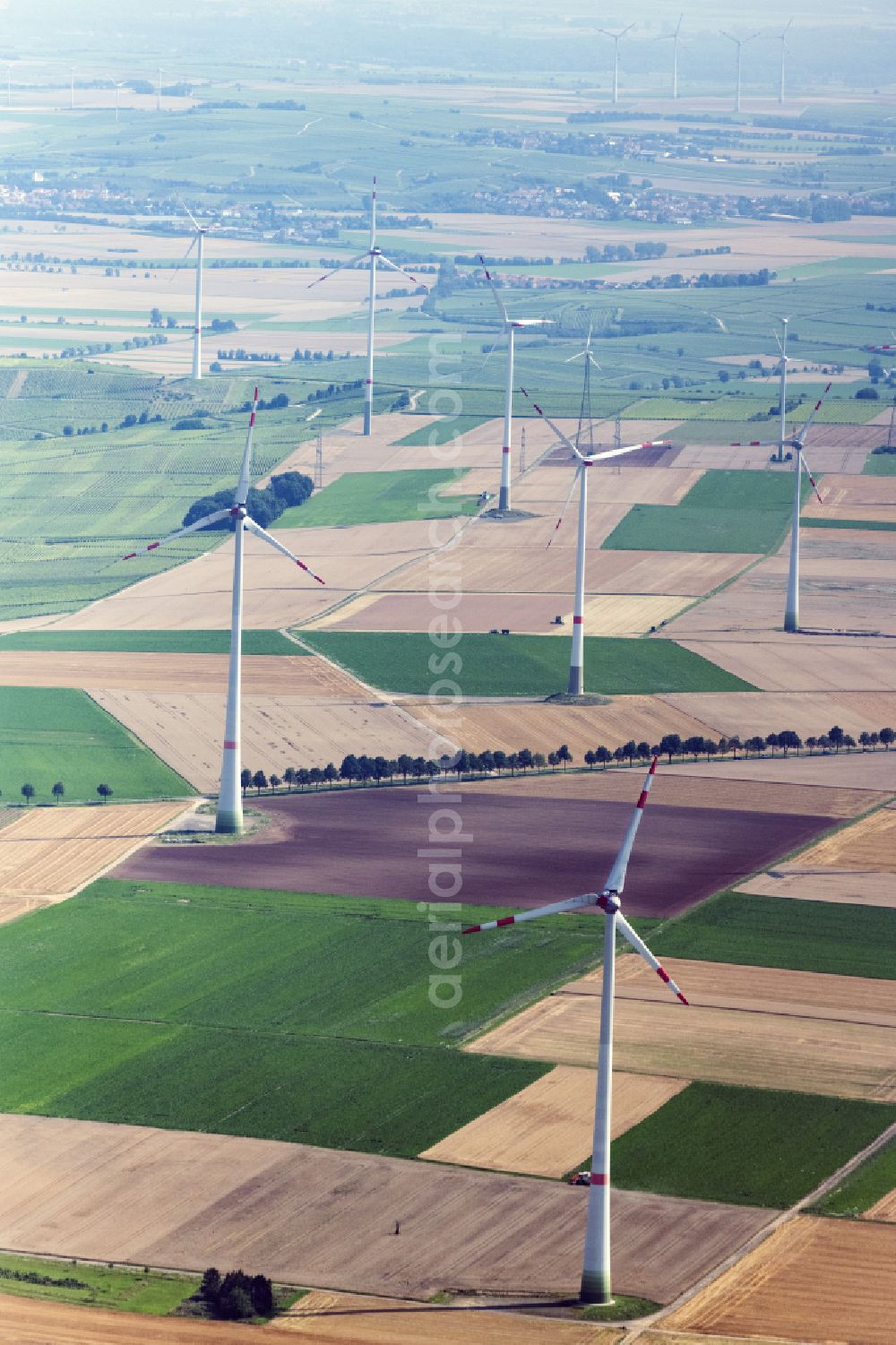 Aerial image Flomborn - Wind turbine windmills on a field in Flomborn in the state Rhineland-Palatinate