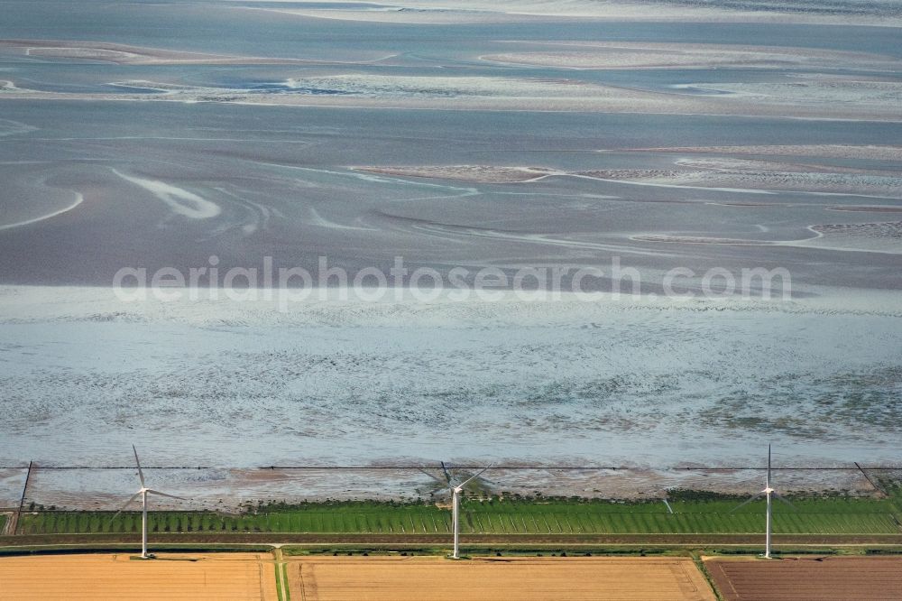 Aerial image Friedrich-Wilhelm-Lübke-Koog - Wind turbine windmills on a field in Friedrich-Wilhelm-Luebke-Koog in the state Schleswig-Holstein, Germany