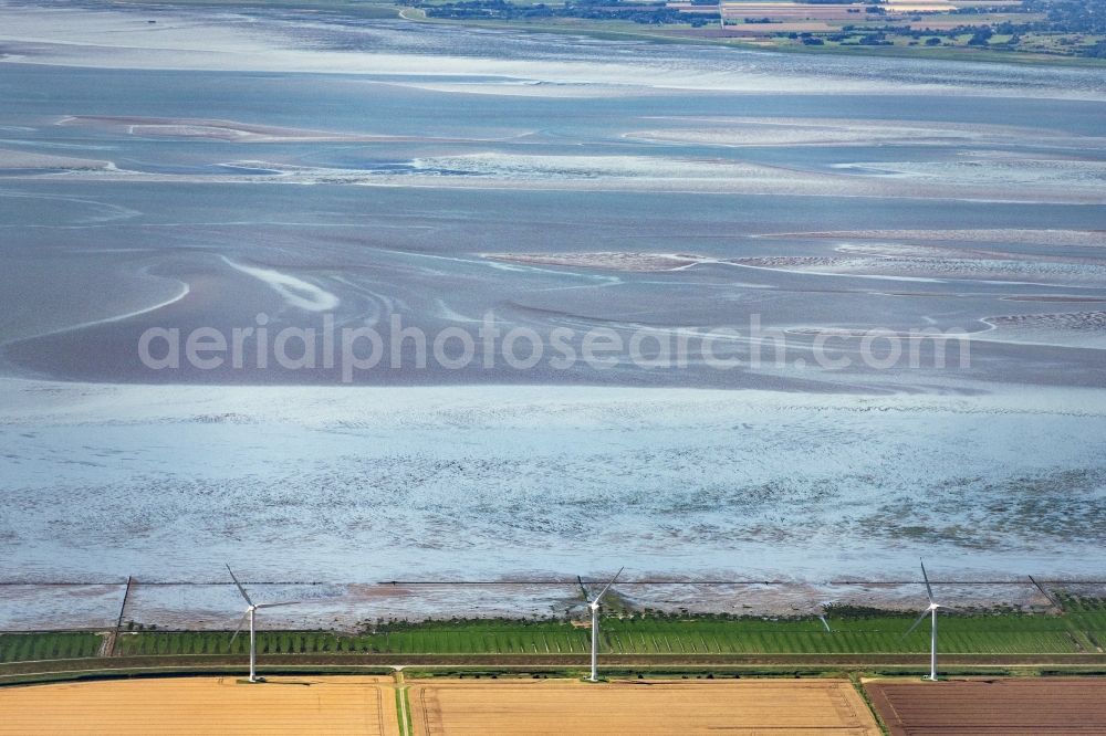 Aerial photograph Friedrich-Wilhelm-Lübke-Koog - Wind turbine windmills on a field in Friedrich-Wilhelm-Luebke-Koog in the state Schleswig-Holstein, Germany