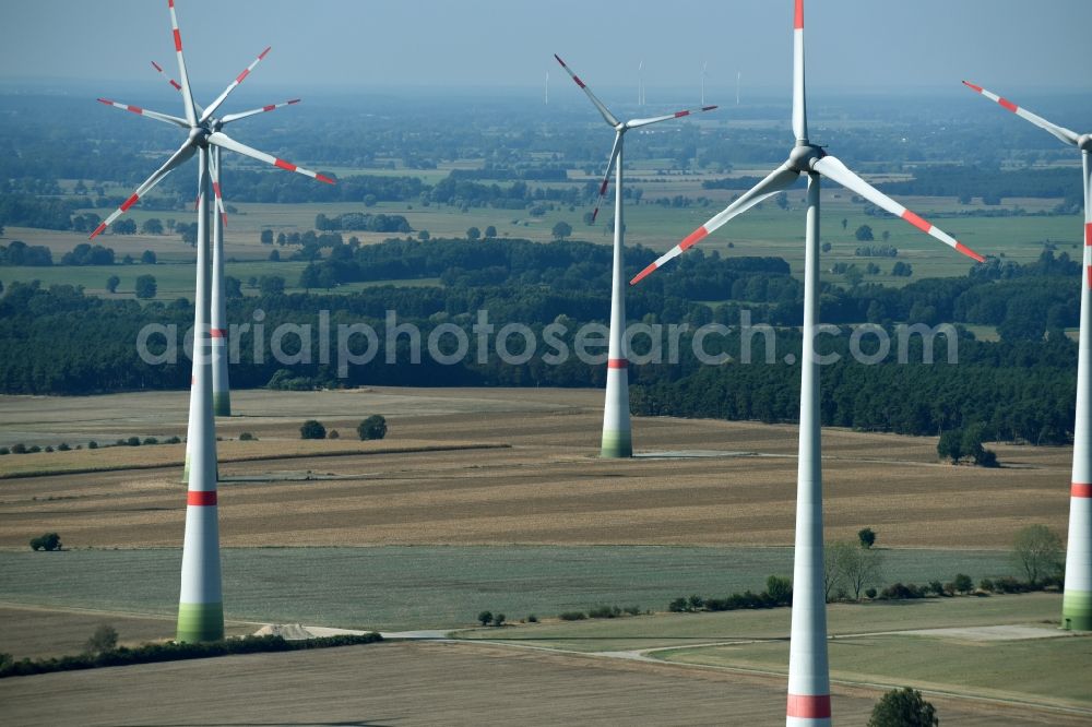 Aerial image Gardelegen - Wind turbine windmills on a field in Gardelegen in the state Saxony-Anhalt