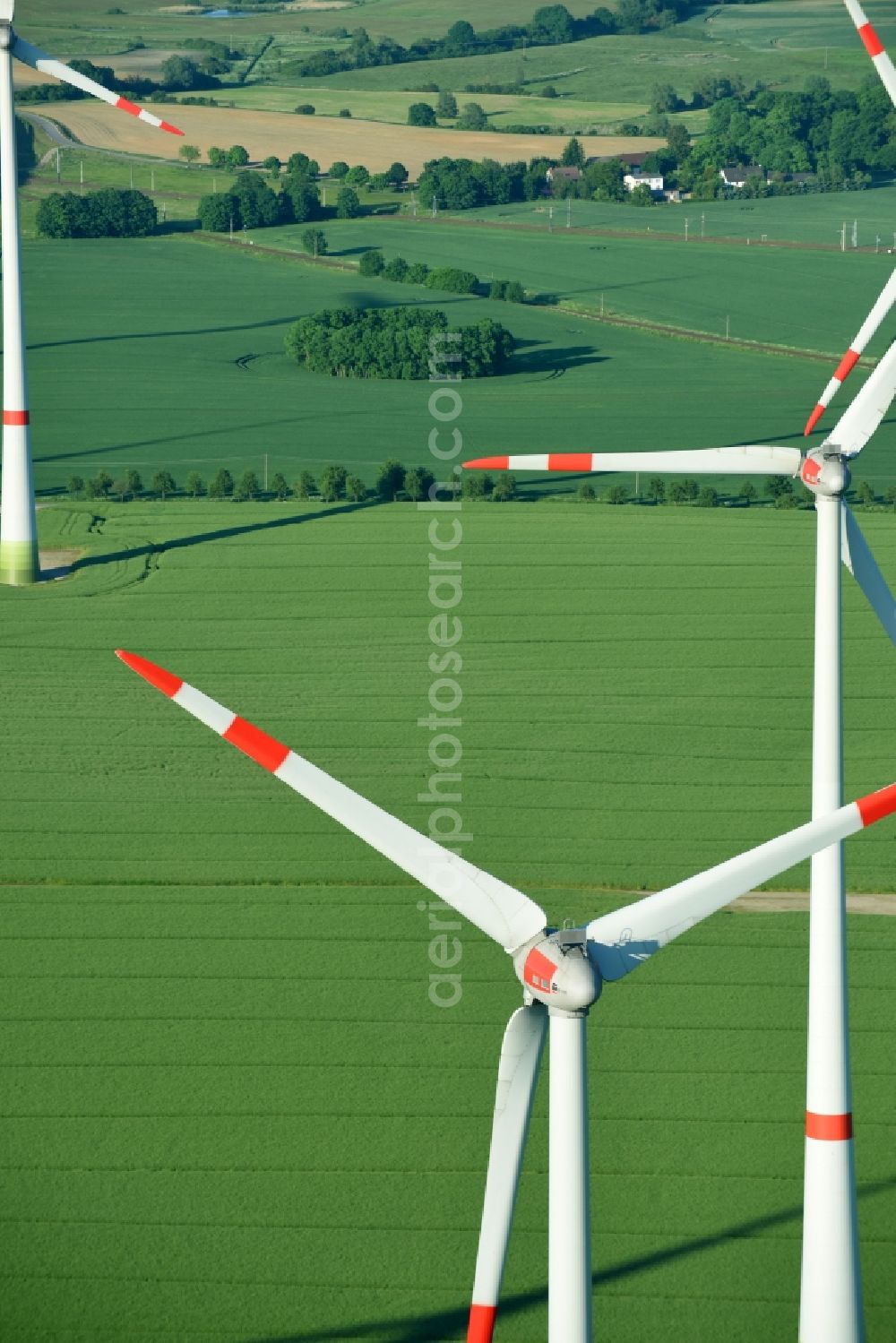 Glasewitz from above - Wind turbine windmills on a field in Glasewitz in the state Mecklenburg - Western Pomerania, Germany