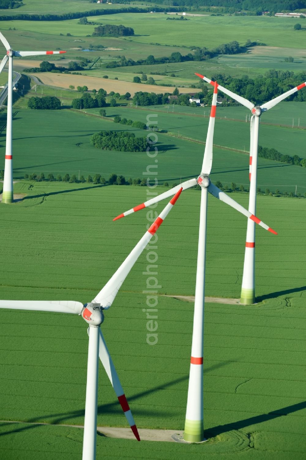 Aerial image Glasewitz - Wind turbine windmills on a field in Glasewitz in the state Mecklenburg - Western Pomerania, Germany