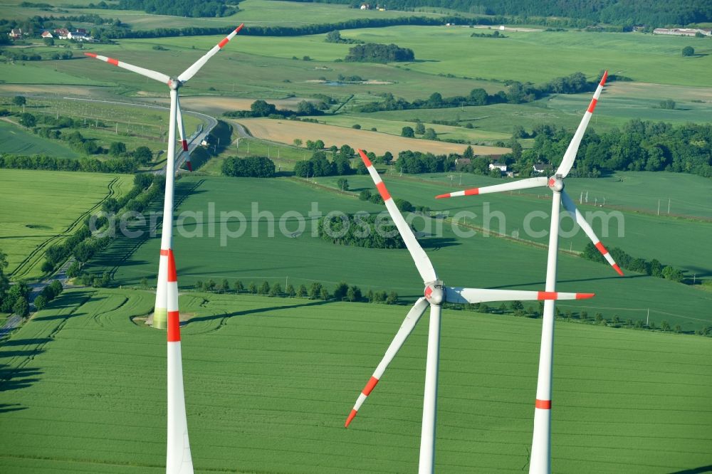 Aerial photograph Glasewitz - Wind turbine windmills on a field in Glasewitz in the state Mecklenburg - Western Pomerania, Germany