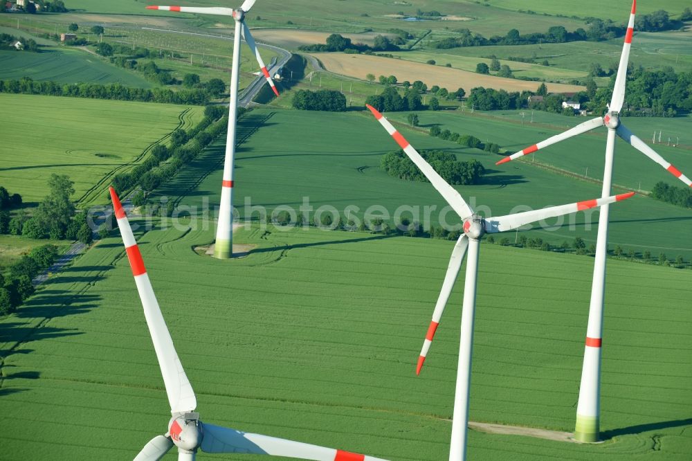 Glasewitz from above - Wind turbine windmills on a field in Glasewitz in the state Mecklenburg - Western Pomerania, Germany