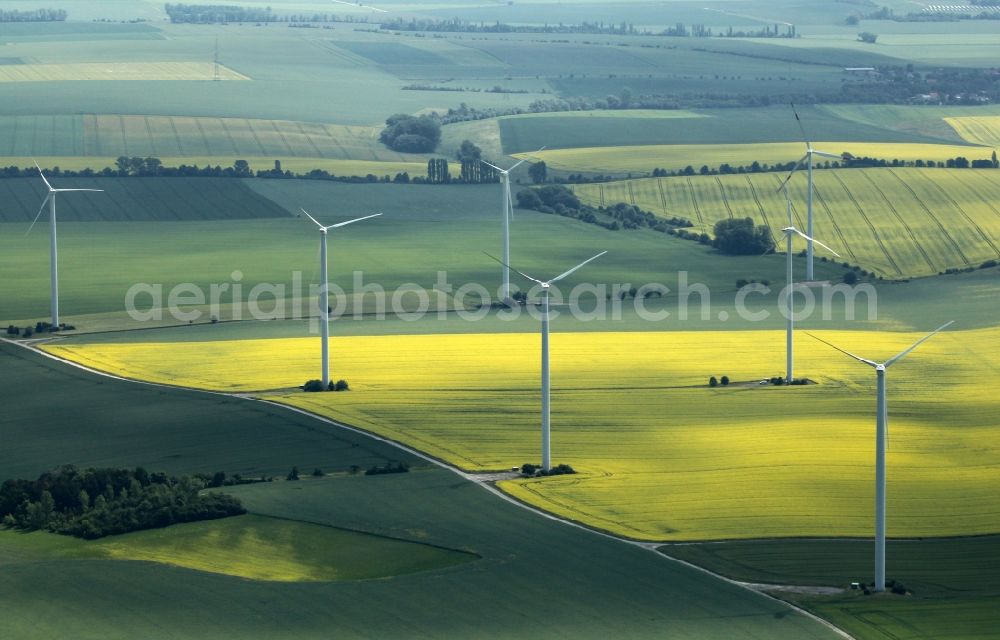 Großvargula from above - Wind turbine windmills on a field in Grossvargula in the state Thuringia, Germany