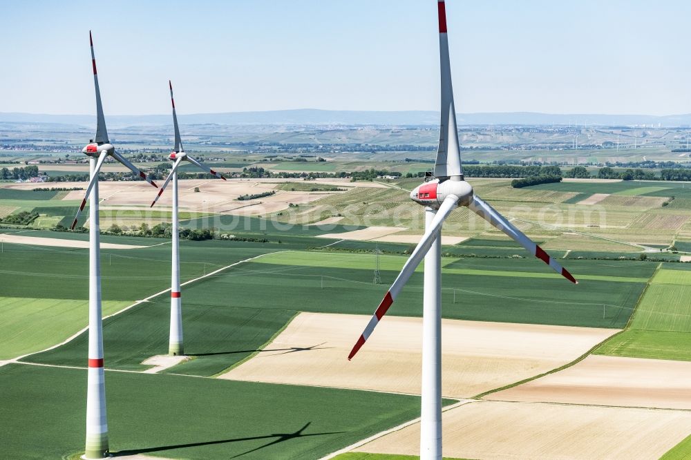 Guntersblum from above - Wind turbine windmills on a field in Guntersblum in the state Rhineland-Palatinate, Germany