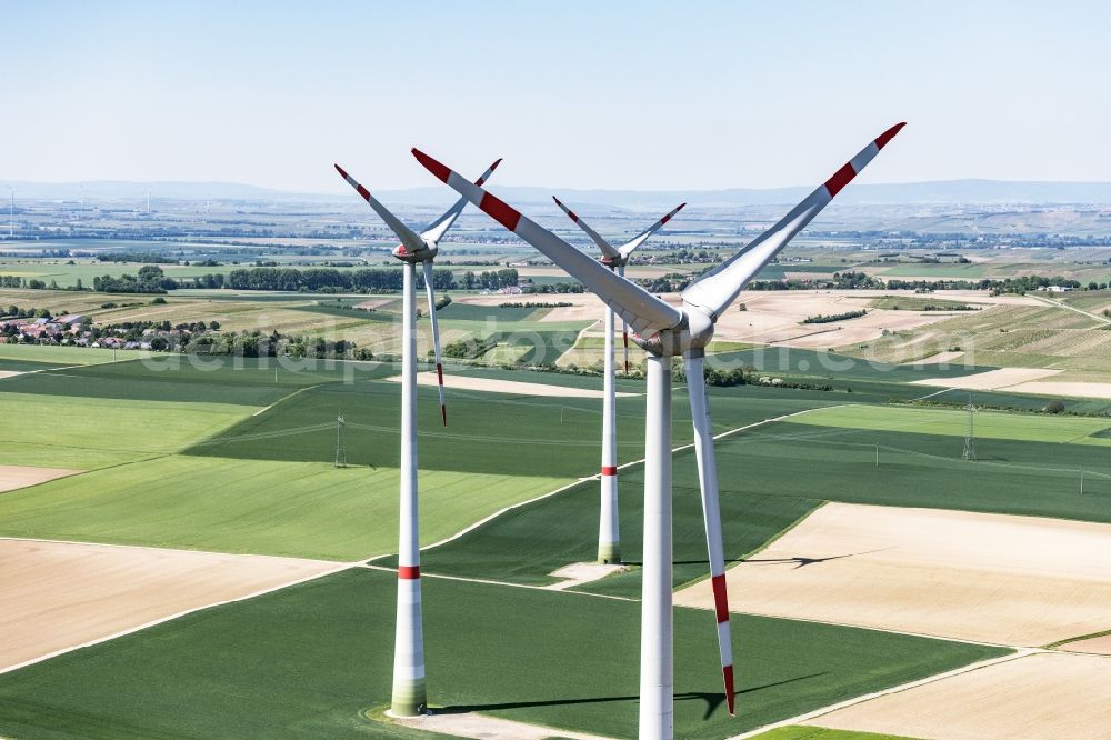 Guntersblum from the bird's eye view: Wind turbine windmills on a field in Guntersblum in the state Rhineland-Palatinate, Germany