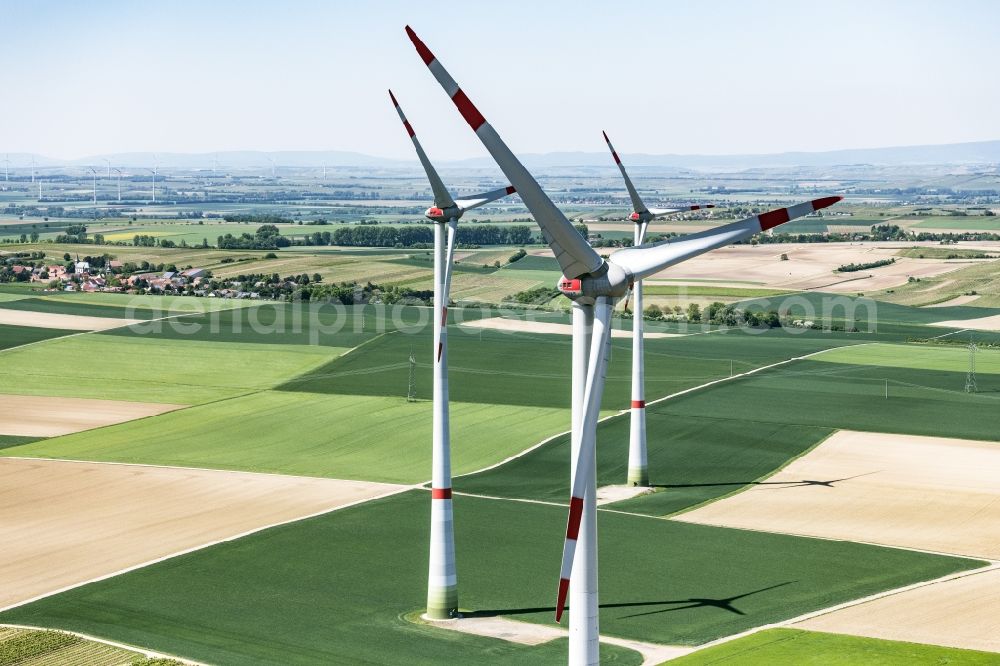 Aerial image Guntersblum - Wind turbine windmills on a field in Guntersblum in the state Rhineland-Palatinate, Germany