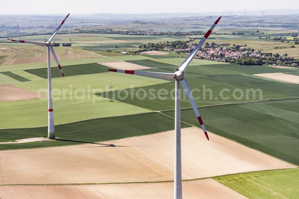 Guntersblum from above - Wind turbine windmills on a field in Guntersblum in the state Rhineland-Palatinate, Germany