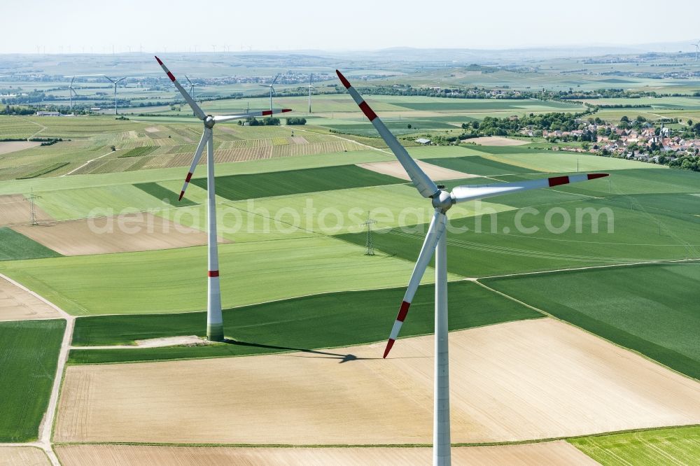 Guntersblum from the bird's eye view: Wind turbine windmills on a field in Guntersblum in the state Rhineland-Palatinate, Germany