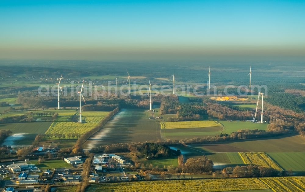 Aerial photograph Haltern am See - Wind turbine windmills on a field in Haltern am See in the state North Rhine-Westphalia