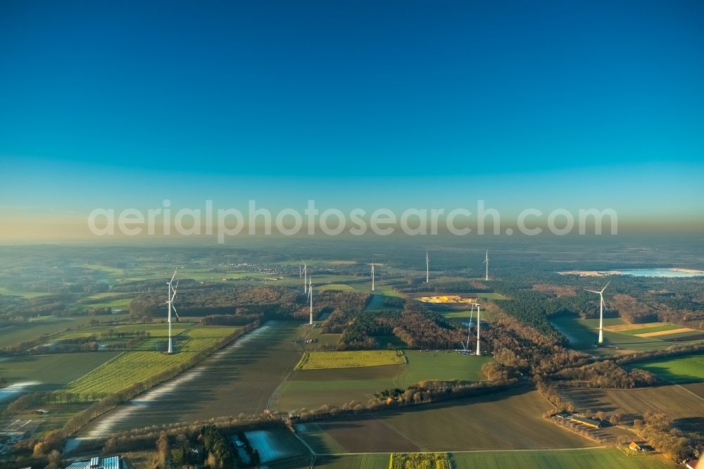 Haltern am See from above - Wind turbine windmills on a field in Haltern am See in the state North Rhine-Westphalia