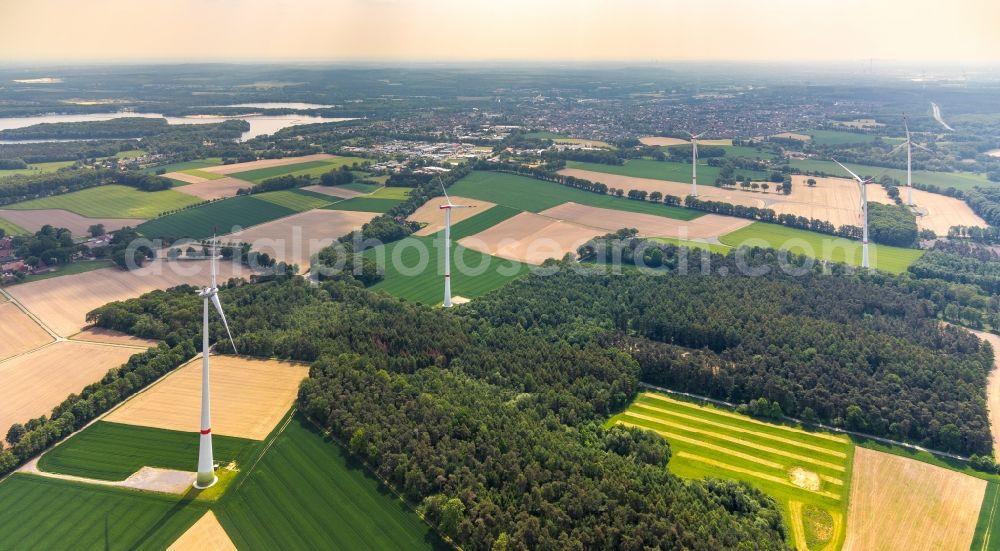 Aerial photograph Haltern am See - Wind turbine windmills on a field in Haltern am See in the state North Rhine-Westphalia, Germany