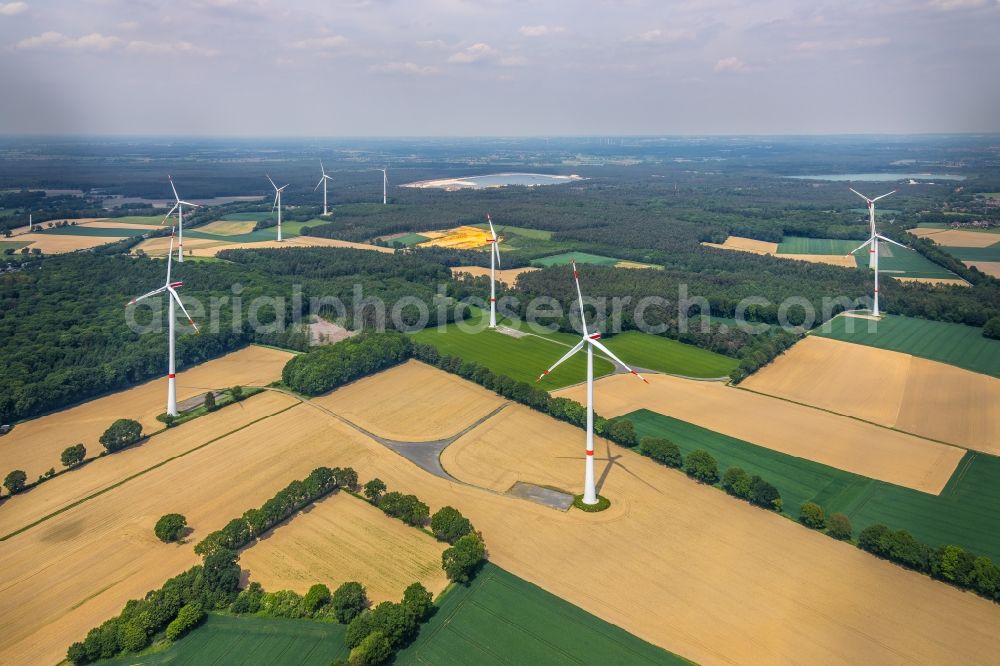 Haltern am See from the bird's eye view: Wind turbine windmills on a field in Haltern am See in the state North Rhine-Westphalia, Germany