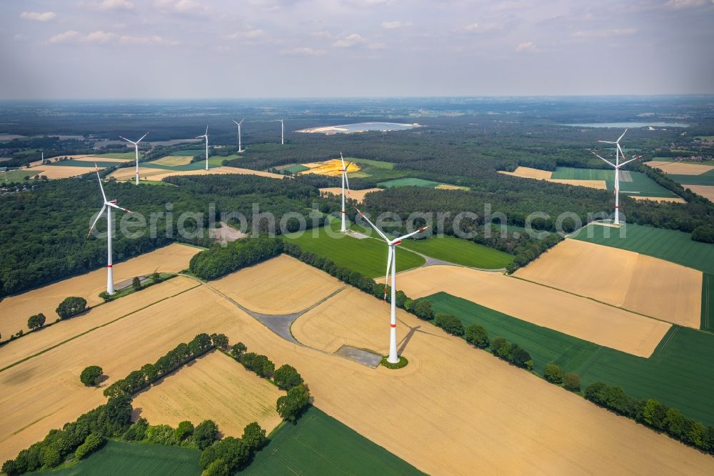 Aerial image Haltern am See - Wind turbine windmills on a field in Haltern am See in the state North Rhine-Westphalia, Germany