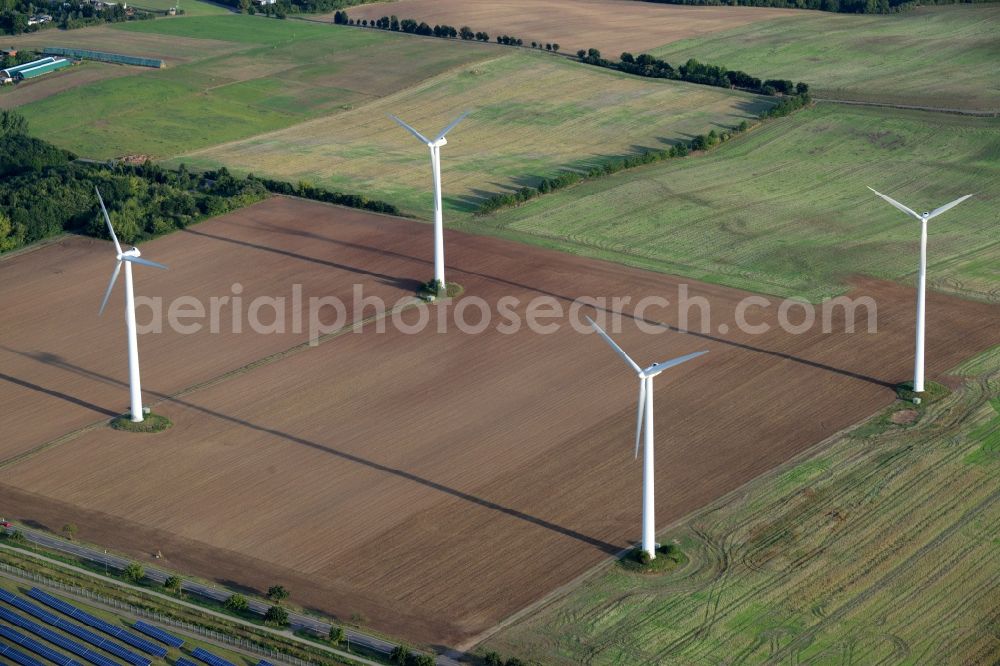 Aerial image Helbra - Wind turbine windmills on a field in Helbra in the state Saxony-Anhalt