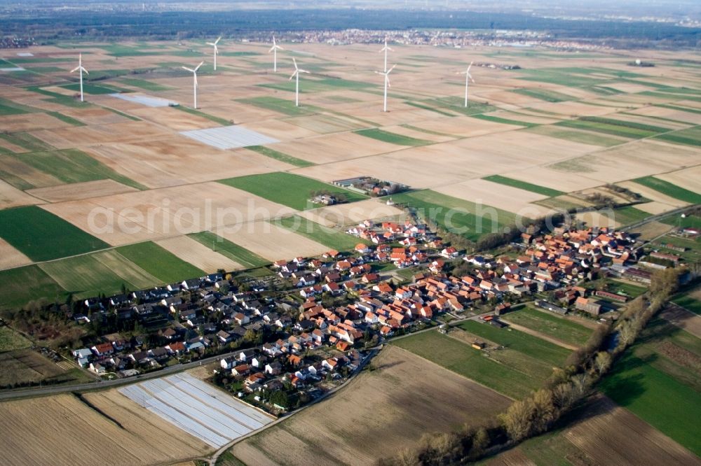 Aerial image Herxheimweyher - Wind turbine windmills on a field in Herxheimweyher in the state Rhineland-Palatinate