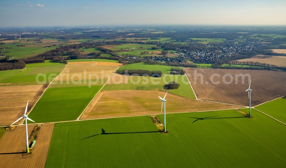 Issum from above - Wind turbine windmills on a field in Issum in the state North Rhine-Westphalia