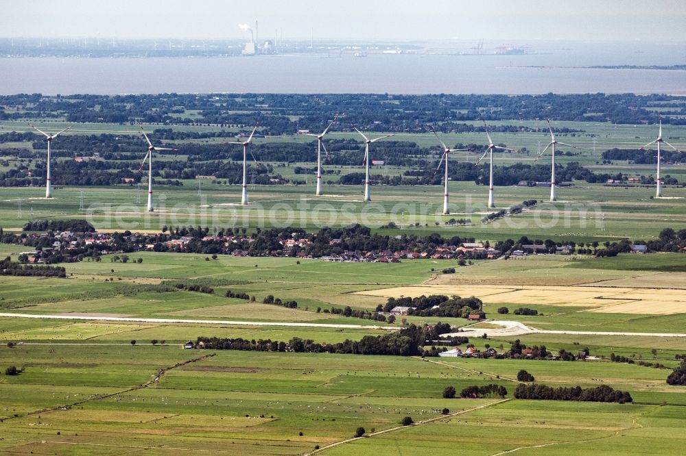 Jade from above - Wind turbine windmills on a field in Jade in the state Lower Saxony, Germany