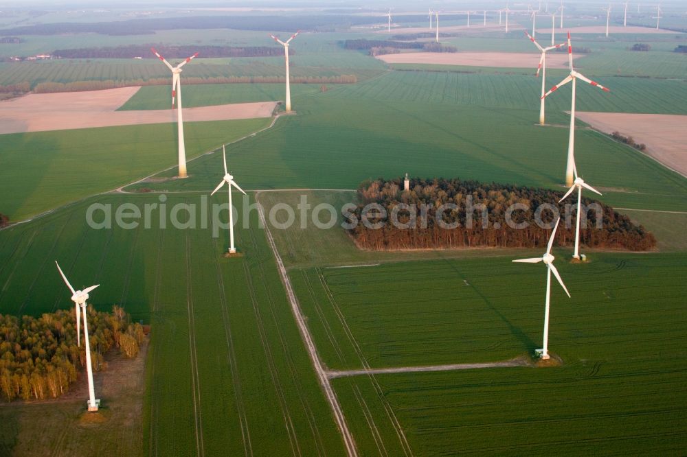 Jüterbog from the bird's eye view: Wind turbine windmills on a field in Jueterbog in the state Brandenburg