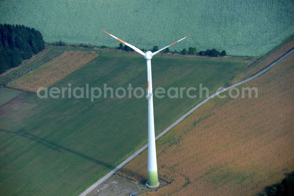 Aerial photograph Kutenholz - Repair work of a wind turbine windmill on a field in Kutenholz in the state Lower Saxony