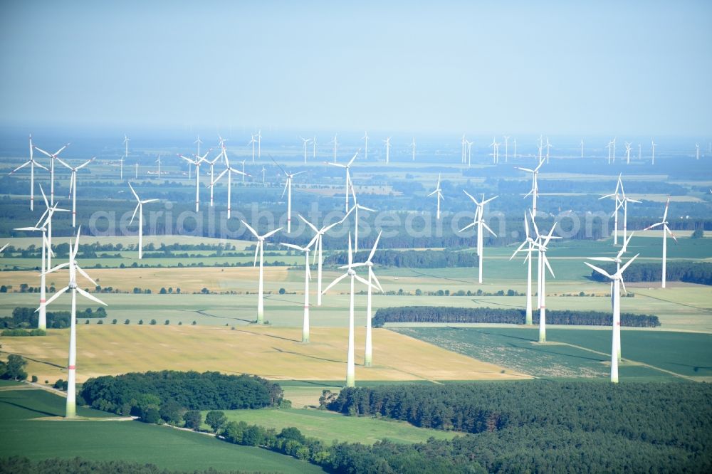 Langengrassau from the bird's eye view: Wind turbine windmills on a field in Langengrassau in the state Brandenburg, Germany