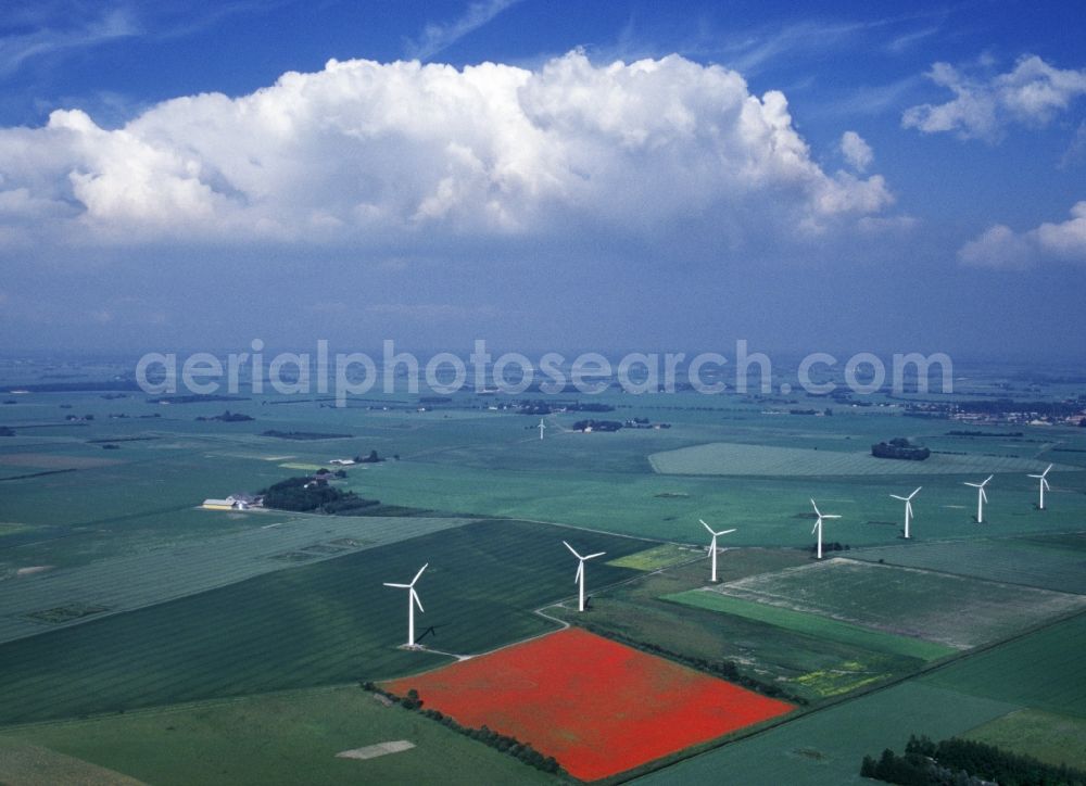 Aerial image Maribo - Wind turbine windmills on a field in Maribo in Region Sjaelland, Denmark