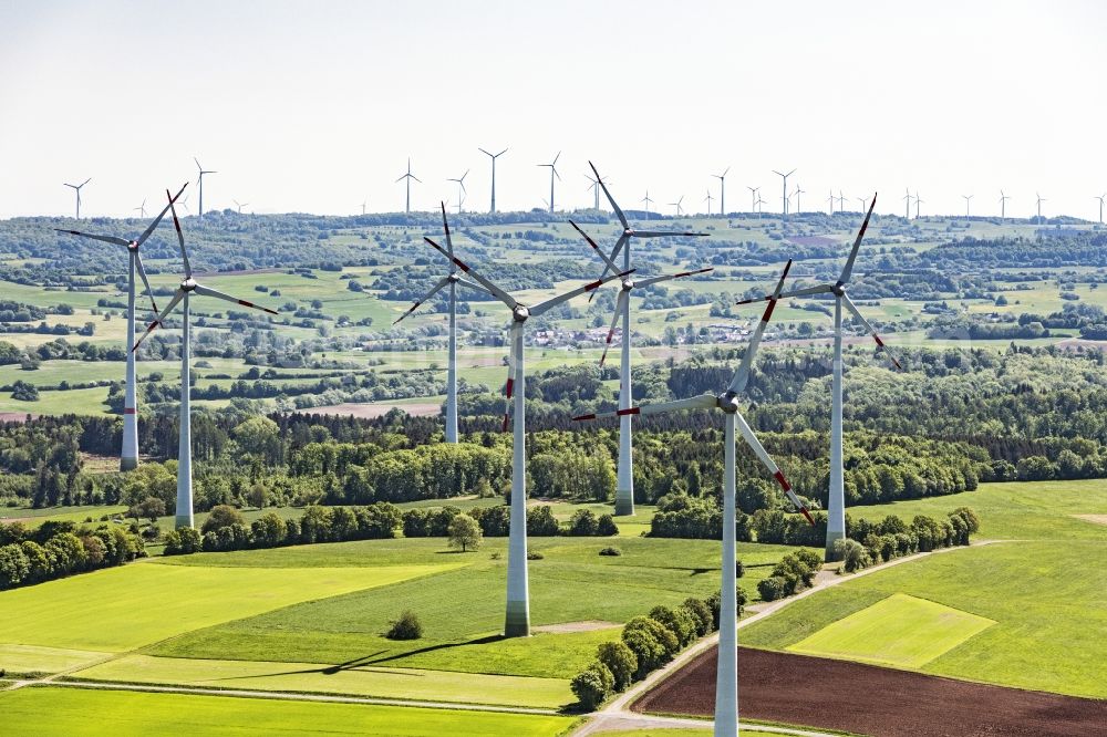 Mücke from above - Wind turbine windmills on a field in Muecke in the state Hesse, Germany