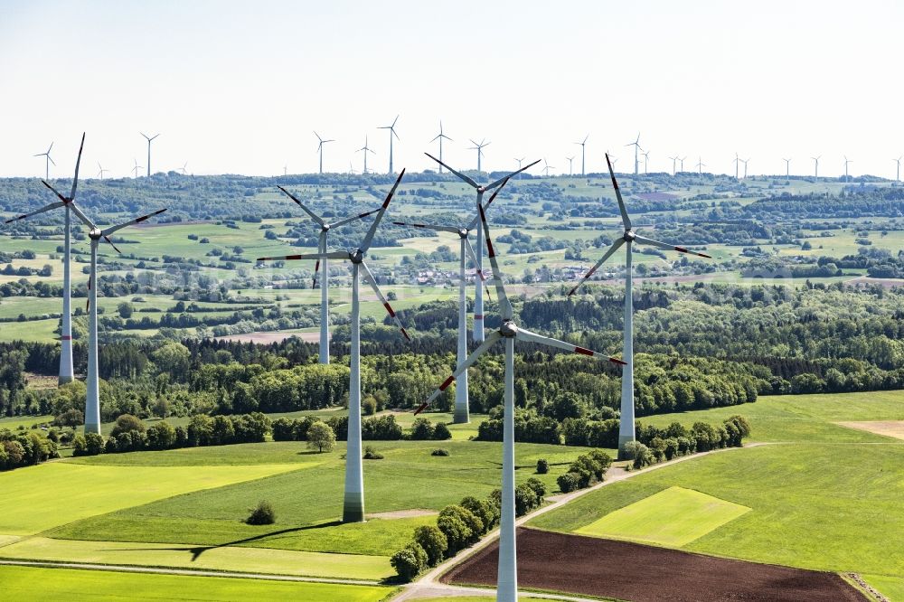 Mücke from the bird's eye view: Wind turbine windmills on a field in Muecke in the state Hesse, Germany