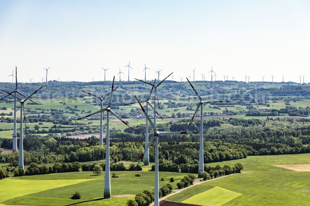 Aerial image Mücke - Wind turbine windmills on a field in Muecke in the state Hesse, Germany