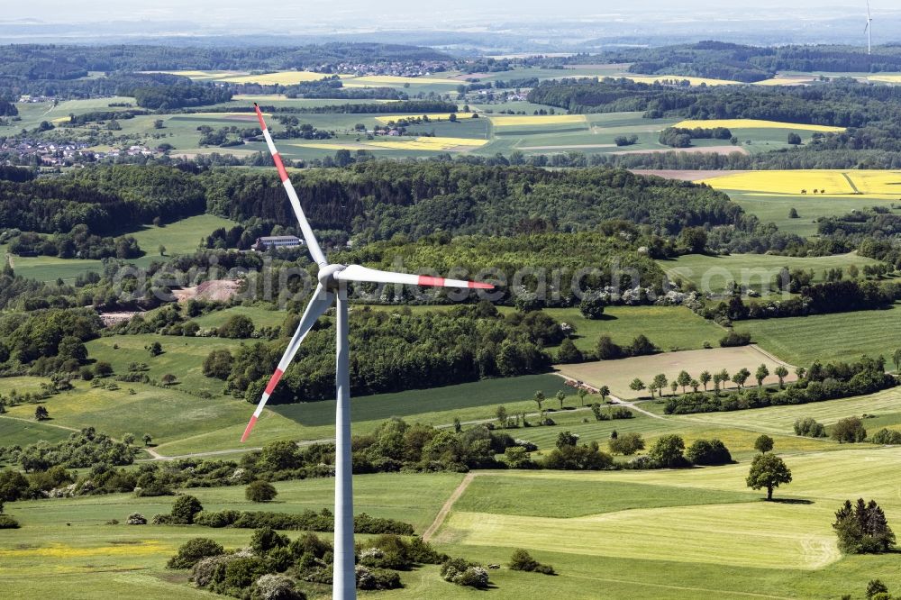 Mücke from above - Wind turbine windmills on a field in Muecke in the state Hesse, Germany