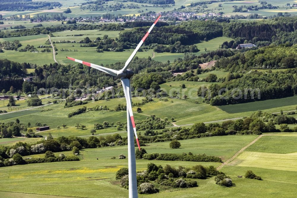 Mücke from the bird's eye view: Wind turbine windmills on a field in Muecke in the state Hesse, Germany