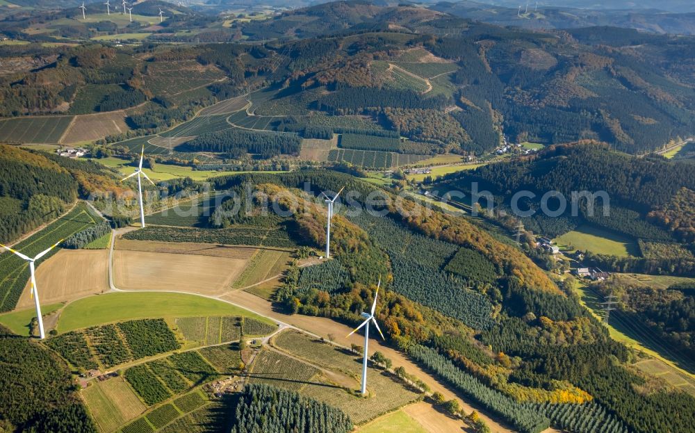 Aerial image Meschede - Wind turbine windmills on a field in Meschede in the state North Rhine-Westphalia