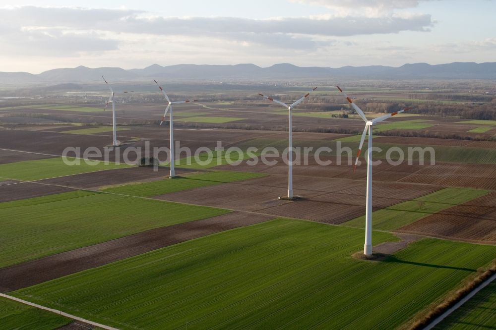 Aerial image Minfeld - Wind turbine windmills on a field in Minfeld in the state Rhineland-Palatinate