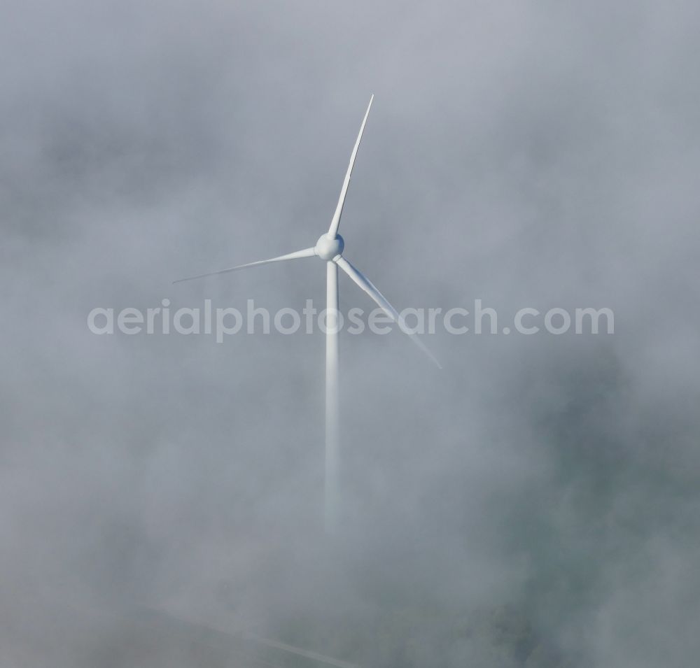 Aerial photograph Göttingen - Wind turbine windmills on a field in fog near Goettingen in the state Lower Saxony