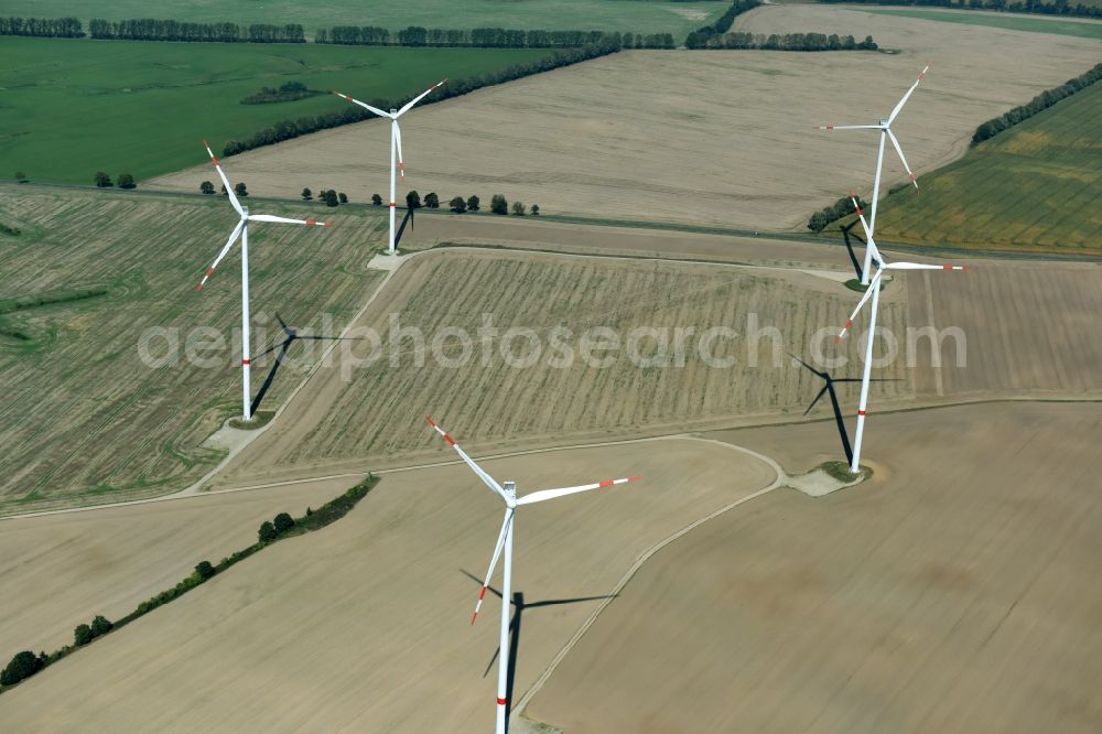 Neuburg from the bird's eye view: Wind turbine windmills on a field in Neuburg in the state Mecklenburg - Western Pomerania