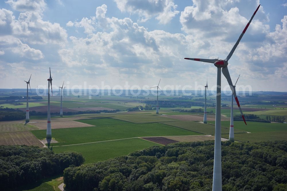 Aerial photograph Oberickelsheim - Wind turbine windmills on a field in Oberickelsheim in the state Bavaria, Germany