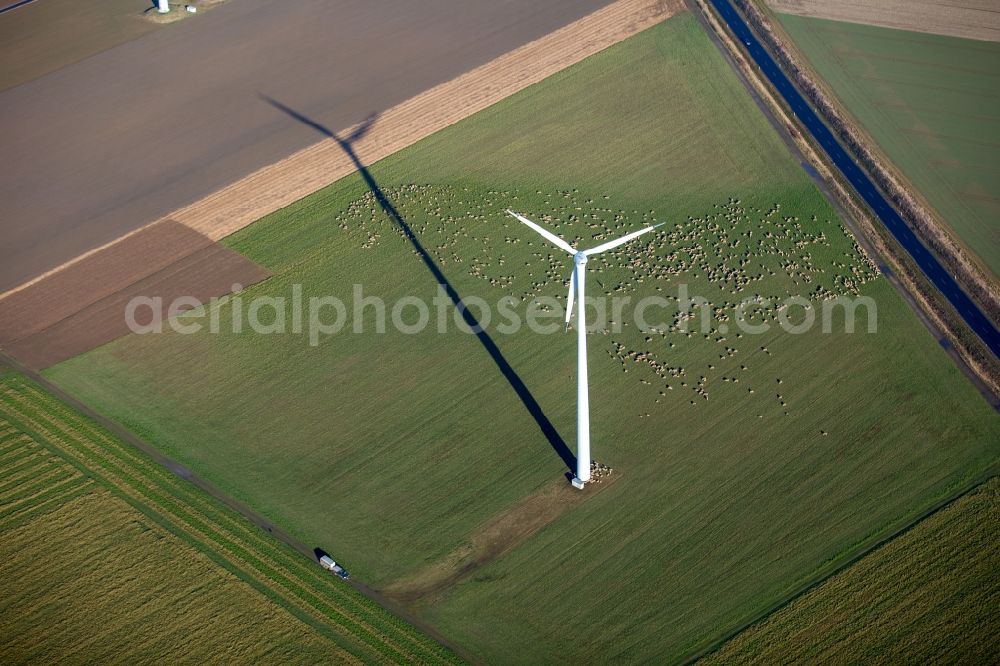 Aerial image Baesweiler - Wind turbine windmills on a field in the district Uebach in Baesweiler in the state North Rhine-Westphalia