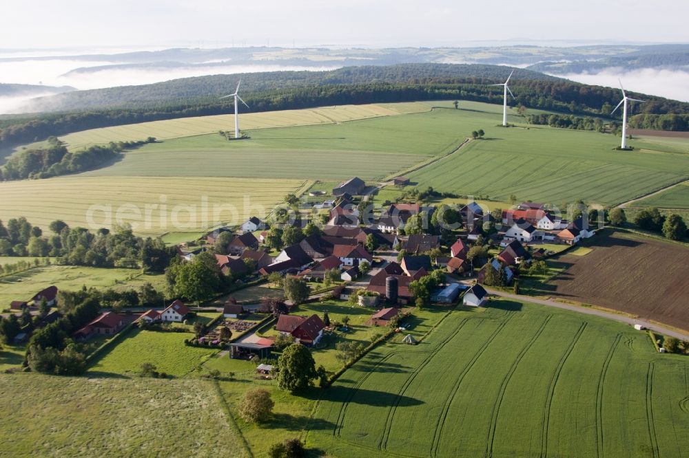 Aerial image Marienmünster - Wind turbine windmills on a field in the district Bremerberg in Marienmuenster in the state North Rhine-Westphalia