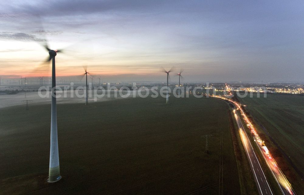 Aerial image Nauen - Wind turbine windmills on a field in the district Neukammer in Nauen in the state Brandenburg, Germany