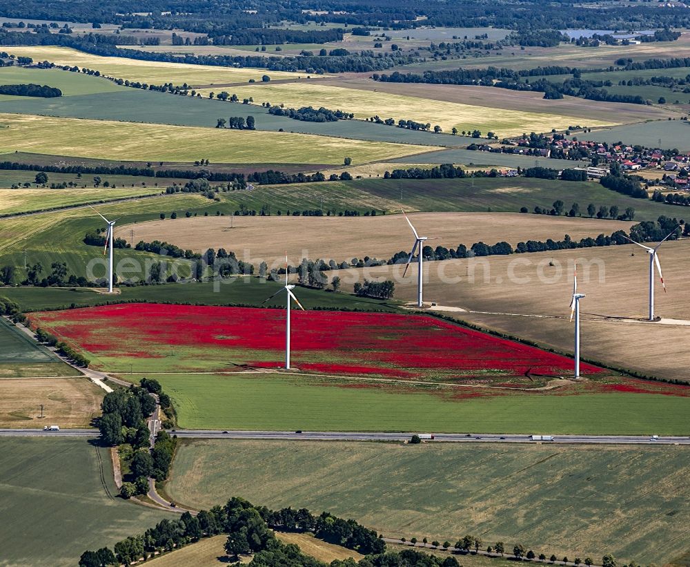 Aerial photograph Märkisch Linden - Wind turbine windmills on a field in the district Werder in Maerkisch Linden in the state Brandenburg