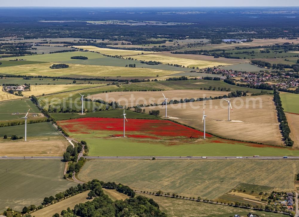 Märkisch Linden from above - Wind turbine windmills on a field in the district Werder in Maerkisch Linden in the state Brandenburg