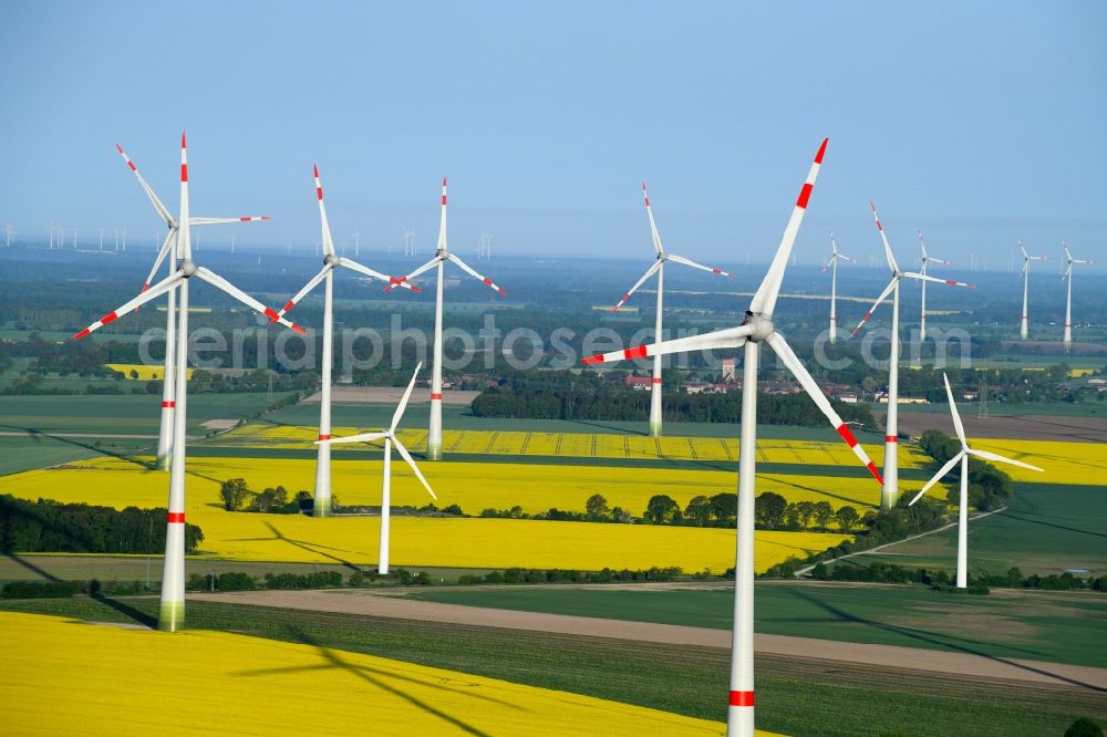 Osterburg (Altmark) from above - Wind turbine windmills on a field in Osterburg (Altmark) in the state Saxony-Anhalt, Germany