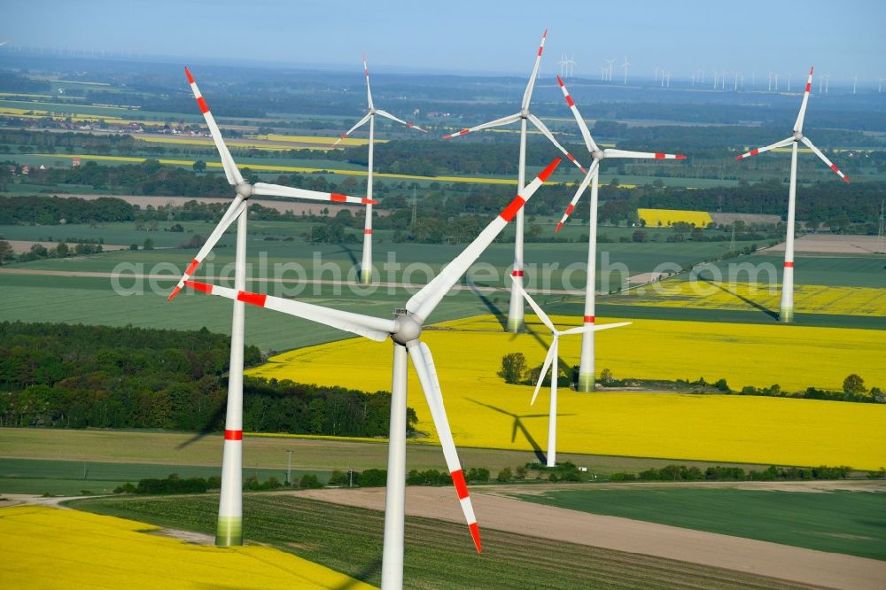 Aerial image Osterburg (Altmark) - Wind turbine windmills on a field in Osterburg (Altmark) in the state Saxony-Anhalt, Germany