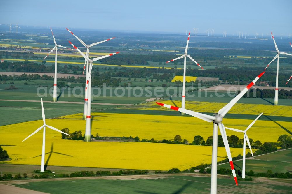 Osterburg (Altmark) from above - Wind turbine windmills on a field in Osterburg (Altmark) in the state Saxony-Anhalt, Germany