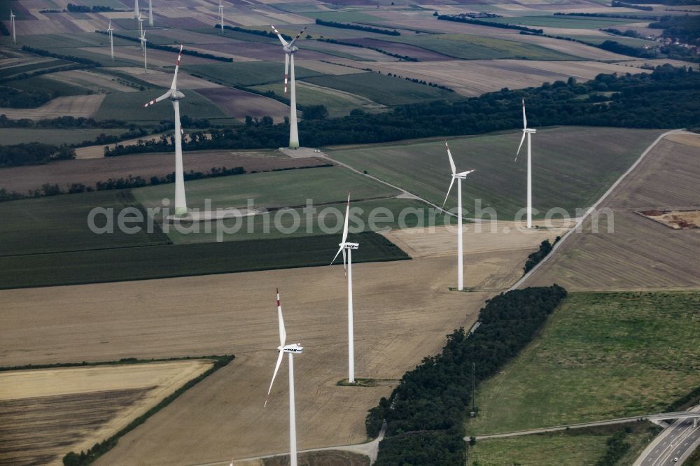 Parndorf from the bird's eye view: Wind turbine windmills on a field in Parndorf in Burgenland, Austria