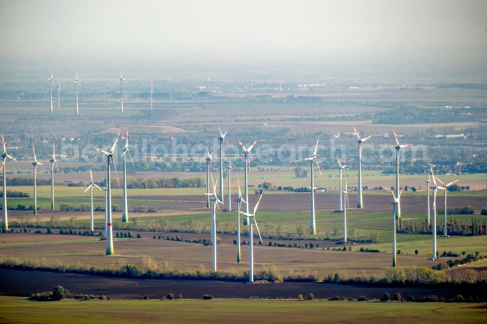 Aerial photograph Reinstedt - Wind turbine windmills on a field in Reinstedt in the state Saxony-Anhalt, Germany