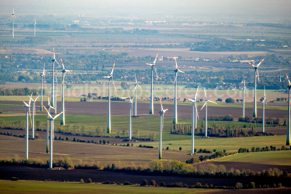 Reinstedt from above - Wind turbine windmills on a field in Reinstedt in the state Saxony-Anhalt, Germany