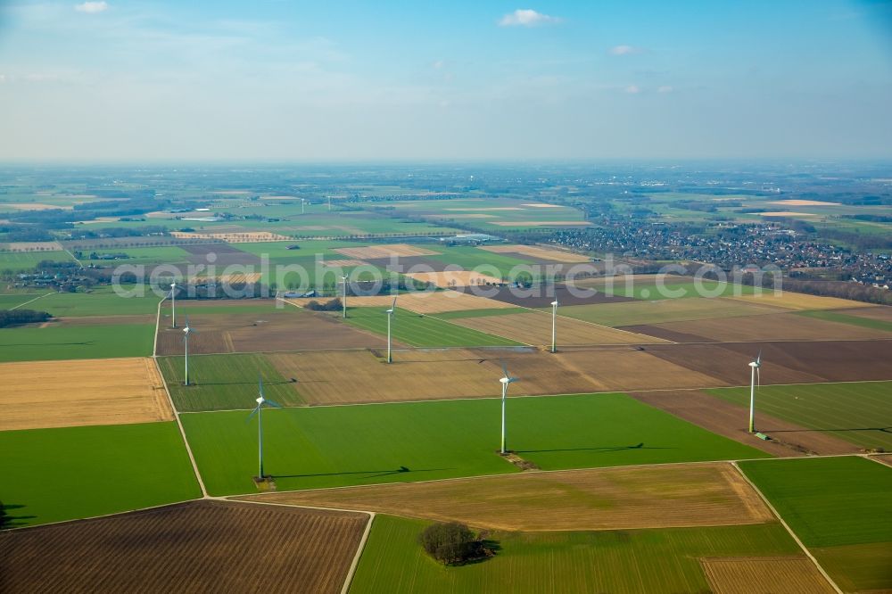 Aerial image Rheurdt - Wind turbine windmills on a field in Rheurdt in the state North Rhine-Westphalia