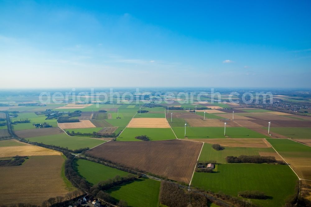 Aerial image Rheurdt - Wind turbine windmills on a field in Rheurdt in the state North Rhine-Westphalia